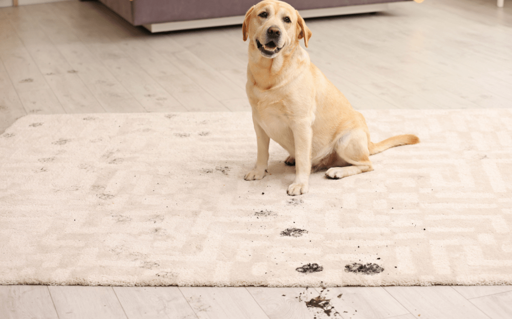 A golden retriever puppy on a carpet with a trail of muddy paw prints.